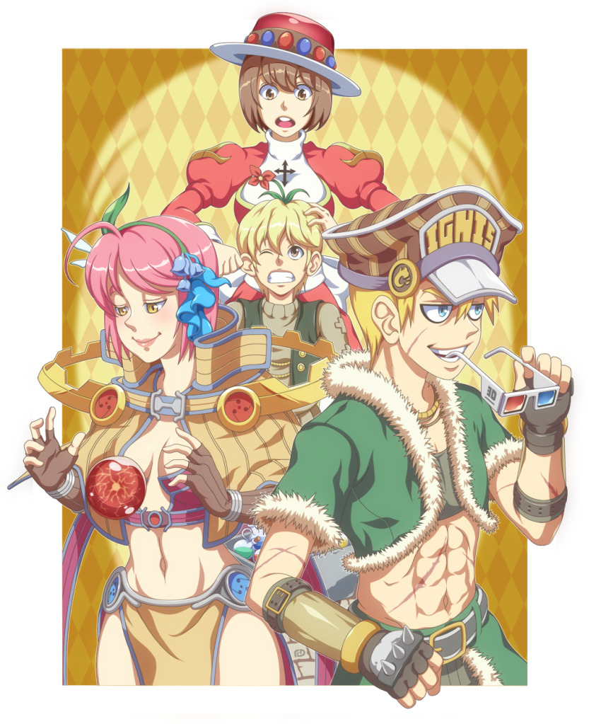 2boys 2girls 3d_glasses alternate_color argyle_background bikini bikini_top_only black_gloves blonde_hair blue_eyes breasts brown_capelet brown_eyes brown_gloves brown_hair brown_hat brown_shirt brown_skirt cape capelet cokeboy commentary cowboy_shot crop_top cropped_jacket dress english_commentary fingerless_gloves fur-trimmed_cape fur-trimmed_jacket fur_trim gloves green_cape green_jacket green_vest hat high_priest_(ragnarok_online) highres ignis_cap jacket juliet_sleeves long_sleeves looking_afar looking_at_another magic medium_breasts merchant_(ragnarok_online) multiple_boys multiple_girls open_clothes open_jacket open_mouth pelvic_curtain pink_hair plant_on_head puffy_sleeves purple_bikini ragnarok_online red_dress red_hat sage_(ragnarok_online) shirt short_sleeves skirt smile stalker_(ragnarok_online) striped_capelet swimsuit two-tone_dress vambraces vest waist_cape white_dress yellow_bag yellow_eyes