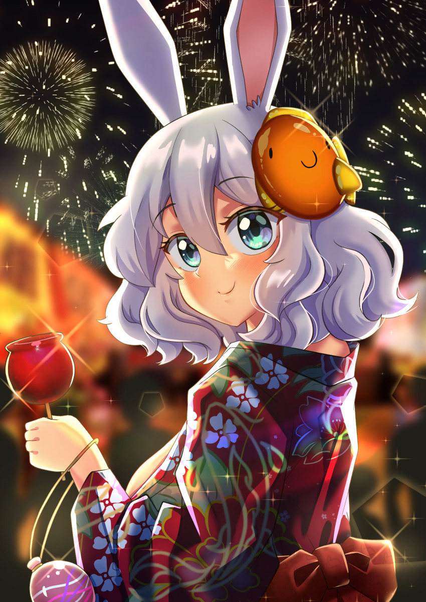1girl absurdres acefish blue_eyes blurry blurry_background candy_apple festival fireworks floral_print food grey_hair hair_between_eyes highres japanese_clothes kimono mary_(acefish) medium_hair night night_sky original rabbit_girl red_kimono sky smile solo standing upper_body water_yoyo