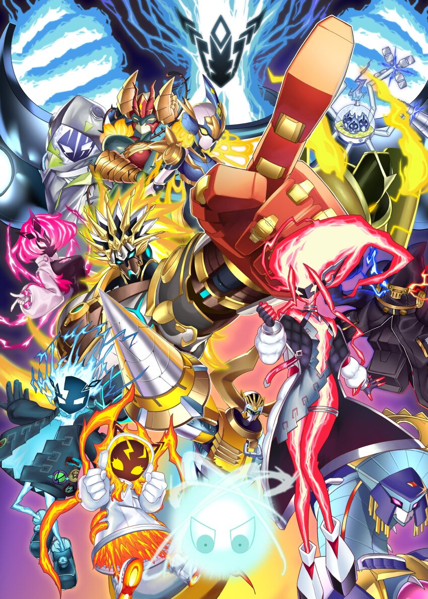 6+boys 6+girls absurdres blonde_hair blue_hair coat cropped_jacket duel_monster electricity endless_engine_argyro_system enmo_takeshita eye_mask gigantic_spright headphones highres jacket long_hair medium_hair multiple_boys multiple_girls pink_hair pink_jacket red_hair short_hair spright_blue spright_carrot spright_elf spright_jet spright_pixies spright_red spright_sprind therion_bull_ain therion_empress_alasia therion_king_regulus therion_lili_borea therion_reaper_fum white_coat yu-gi-oh!