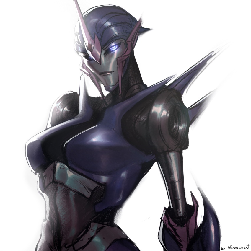1girl absurdres arcee autobot blue_eyes clothed_robot glowing glowing_eyes helmet highres humanoid_robot mecha mechanical_wings metal_skin robot robot_girl science_fiction simple_background solo transformers vanerchest white_background wings