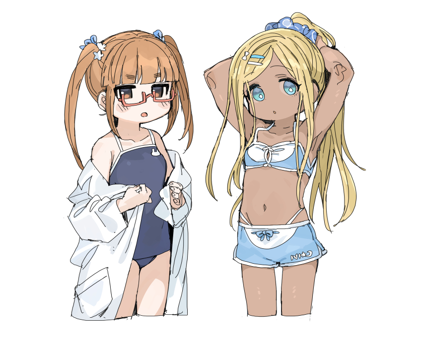 2girls adjusting_hair arms_up bare_shoulders bikini bikini_shorts blonde_hair blue_bikini blue_eyes blue_scrunchie blush breasts brown_eyes brown_hair collarbone commentary_request competition_school_swimsuit cropped_legs dark_skin glasses highres holding holding_unworn_clothes idolmaster idolmaster_cinderella_girls ikebukuro_akiha jitome lab_coat layla_(idolmaster) long_hair looking_at_viewer multiple_girls navel open_mouth partially_undressed ponytail rabbit_symbol red-framed_eyewear school_swimsuit scrunchie shorts sidelocks simple_background small_breasts spawnfoxy swimsuit tareme white_background white_trim