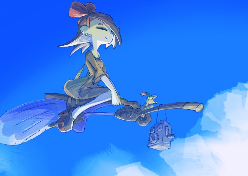 1girl bag bow broom broom_riding closed_eyes cosplay ear_piercing geso_account hair_bow hair_over_one_eye hair_ribbon kiki_(majo_no_takkyuubin) kiki_(majo_no_takkyuubin)_(cosplay) majo_no_takkyuubin nintendo octoling orange_hair parody piercing platform_footwear radio ribbon shiver_(splatoon) sky smallfry_(splatoon) smile solo splatoon_(series) splatoon_3 tentacle_hair