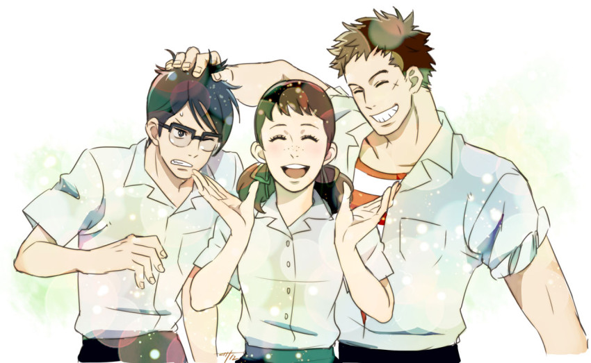 1girl 2boys :d black_eyes black_hair blurry bokeh brown_eyes brown_hair closed_eyes depth_of_field facial_scar freckles glasses hand_in_another&#039;s_hair kawabuchi_sentarou looking_at_another masato_(oal) mukae_ritsuko multiple_boys nishimi_kaoru one_eye_closed open_mouth partially_unbuttoned ruffling_hair sakamichi_no_apollon scar scar_on_cheek scar_on_face shirt short_hair short_twintails sleeves_rolled_up smile sparkle sweatdrop twintails two-tone_shirt upper_body wavy_hair white_background white_shirt