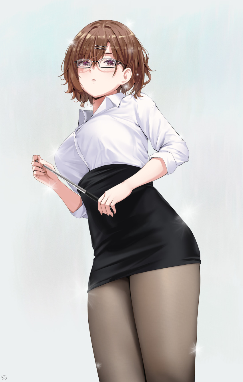 1girl absurdres bespectacled black_skirt blush breasts brown_hair commentary_request glasses grey_background hair_ornament hairclip high-waist_skirt highres higuchi_madoka holding holding_pointer idolmaster idolmaster_shiny_colors kuuhaku_(pskf2372) large_breasts looking_at_viewer miniskirt mole mole_under_eye pantyhose pencil_skirt pointer rectangular_eyewear red_eyes shirt short_hair simple_background skirt solo teacher white_shirt