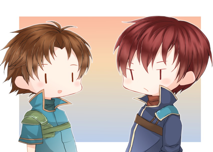2boys an-ko blush brown_hair chibi fire_emblem fire_emblem:_the_blazing_blade highres male_focus multiple_boys nintendo open_mouth raven_(fire_emblem) red_hair wil_(fire_emblem)