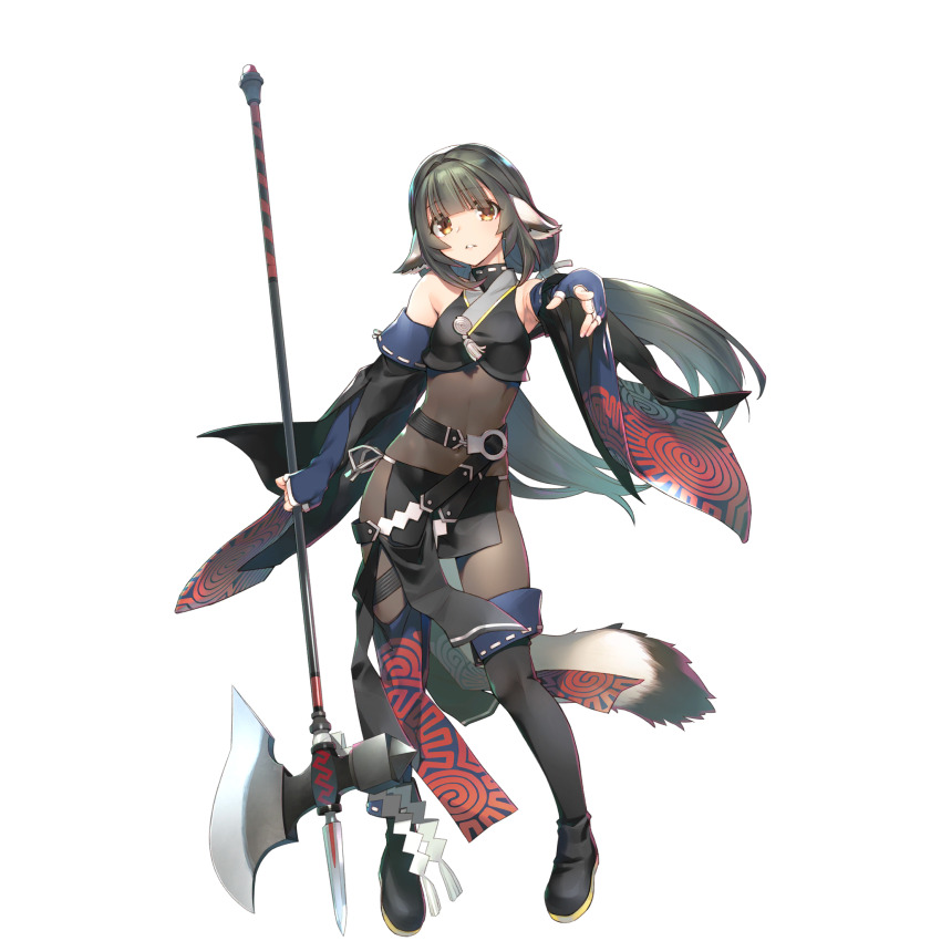 1girl ainu_clothes amazuyu_tatsuki animal_ears bodystocking breasts brown_eyes brown_hair covered_navel eruruu fingerless_gloves game_cg gloves highres holding holding_polearm holding_weapon impossible_clothes japanese_clothes loincloth non-web_source official_alternate_costume official_alternate_hairstyle official_art pointing polearm small_breasts solo tail tasuki transparent_background utawarerumono utawarerumono:_lost_flag weapon