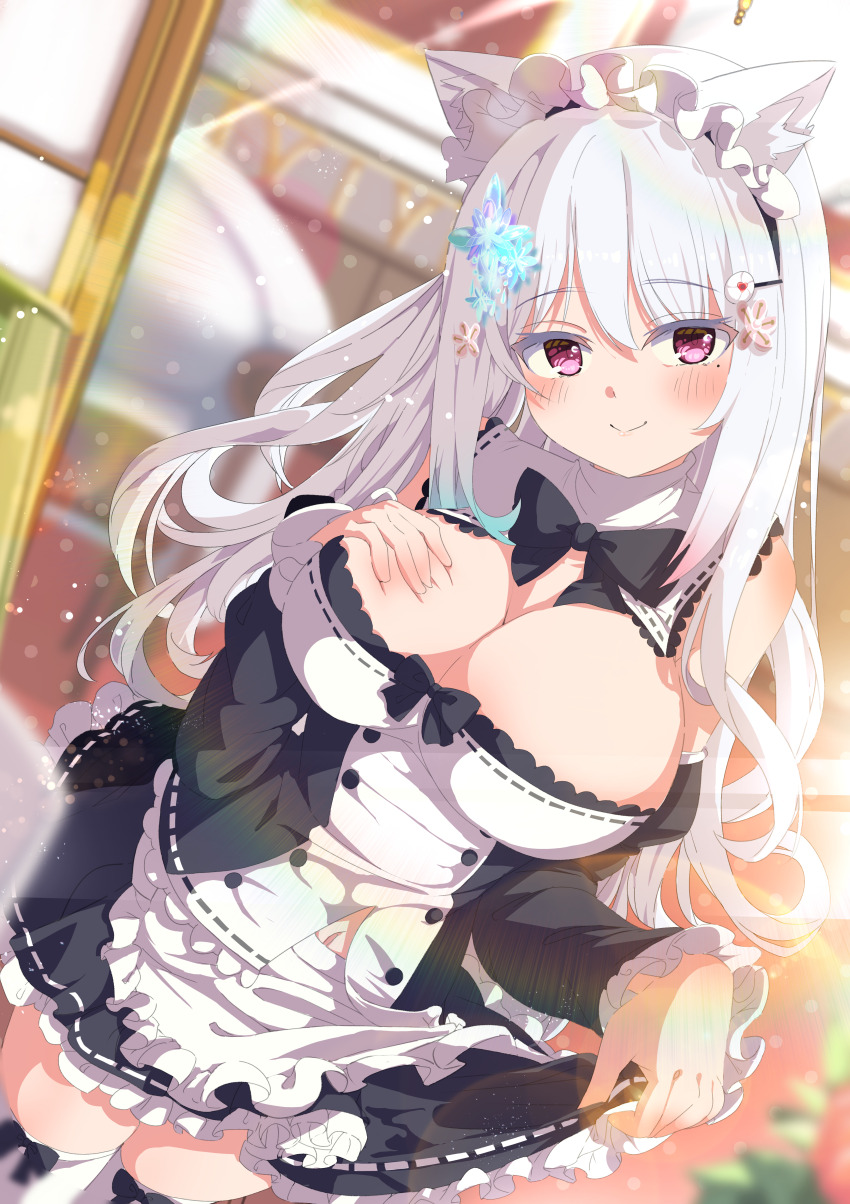 1girl absurdres animal_ear_fluff animal_ears apron bare_shoulders black_bow black_bowtie black_skirt blurry blurry_background blush bokeh bow bow_legwear bowtie breasts cat_ears cleavage closed_mouth clothes_lift clothing_cutout colored_eyelashes commission cowboy_shot depth_of_field detached_collar detached_sleeves dress dutch_angle flower frilled_apron frilled_dress frilled_skirt frilled_sleeves frills hair_between_eyes hair_ornament hairclip hairpin hand_on_own_chest highres indoors large_breasts lens_flare lifting_own_clothes light_particles light_rays long_hair long_sleeves looking_at_viewer maid maid_apron maid_headdress navel original pink_eyes purple_eyes rainbow ribbon_trim shiro9jira skeb_commission skirt skirt_hold smile snowflake_hair_ornament solo sunlight thighhighs waist_apron white_apron white_hair white_thighhighs zettai_ryouiki