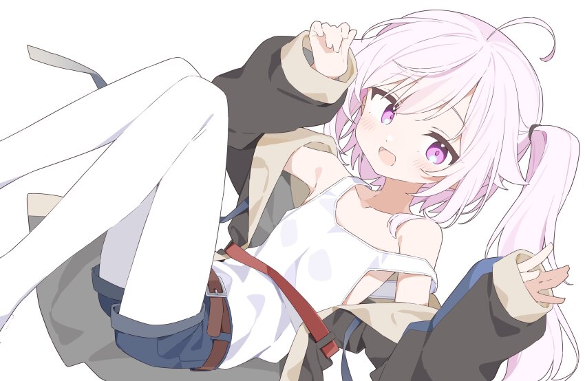 1girl :d ahoge belt blue_shorts brown_belt brown_coat coat collarbone commentary_request flat_chest hair_flaps hands_up highres long_hair long_sleeves looking_at_viewer open_clothes open_coat open_mouth original pantyhose pantyhose_under_shorts pink_eyes pink_hair shorts side_ponytail smile solo strap_slip tank_top urotsuki_(ku9625) very_long_hair white_background white_pantyhose white_tank_top
