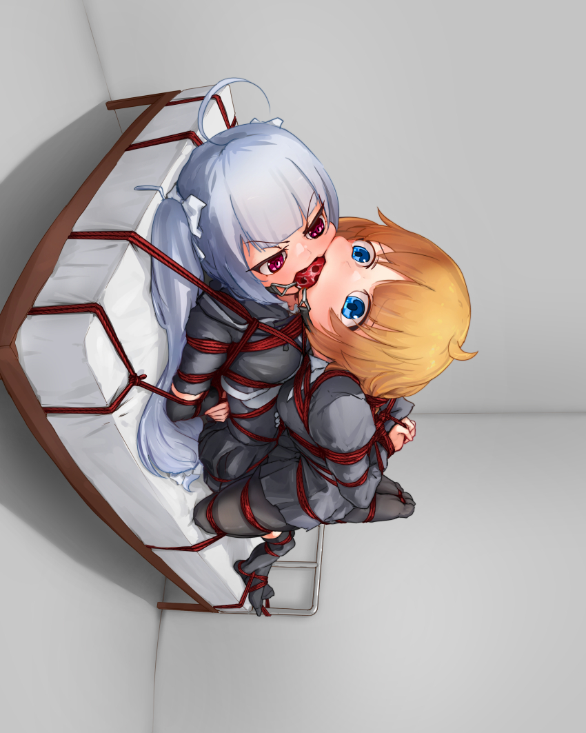 2girls absurdres ahoge arms_behind_back assault_lily ball_gag bdsm bed black_pantyhose black_skirt black_thighhighs blue_eyes blunt_bangs bound bound_ankles bound_arms bound_legs bound_toes bound_together bow brown_hair cheek-to-cheek cheek_press commentary_request cropped_jacket detached_sleeves double_strap_ball_gag dutch_angle feet_up fisheye forced_partners futagawa_fumi gag gagged girl_on_top grey_hair hair_bow heads_together high-waist_skirt highres hood hood_down indoors juliet_sleeves linked_gag long_hair long_sleeves looking_at_another lying lying_on_person miniskirt miriam_hildegard_von_gropius multiple_girls no_shoes on_back on_bed on_stomach pantyhose pink_eyes pleated_skirt puffy_sleeves restrained school_uniform shared_gag shibari shibari_over_clothes shirt short_sleeves skirt tasogare_unagi thighhighs twintails underbust v-shaped_eyebrows very_long_hair white_bow white_shirt yuri yurigaoka_girls_academy_school_uniform