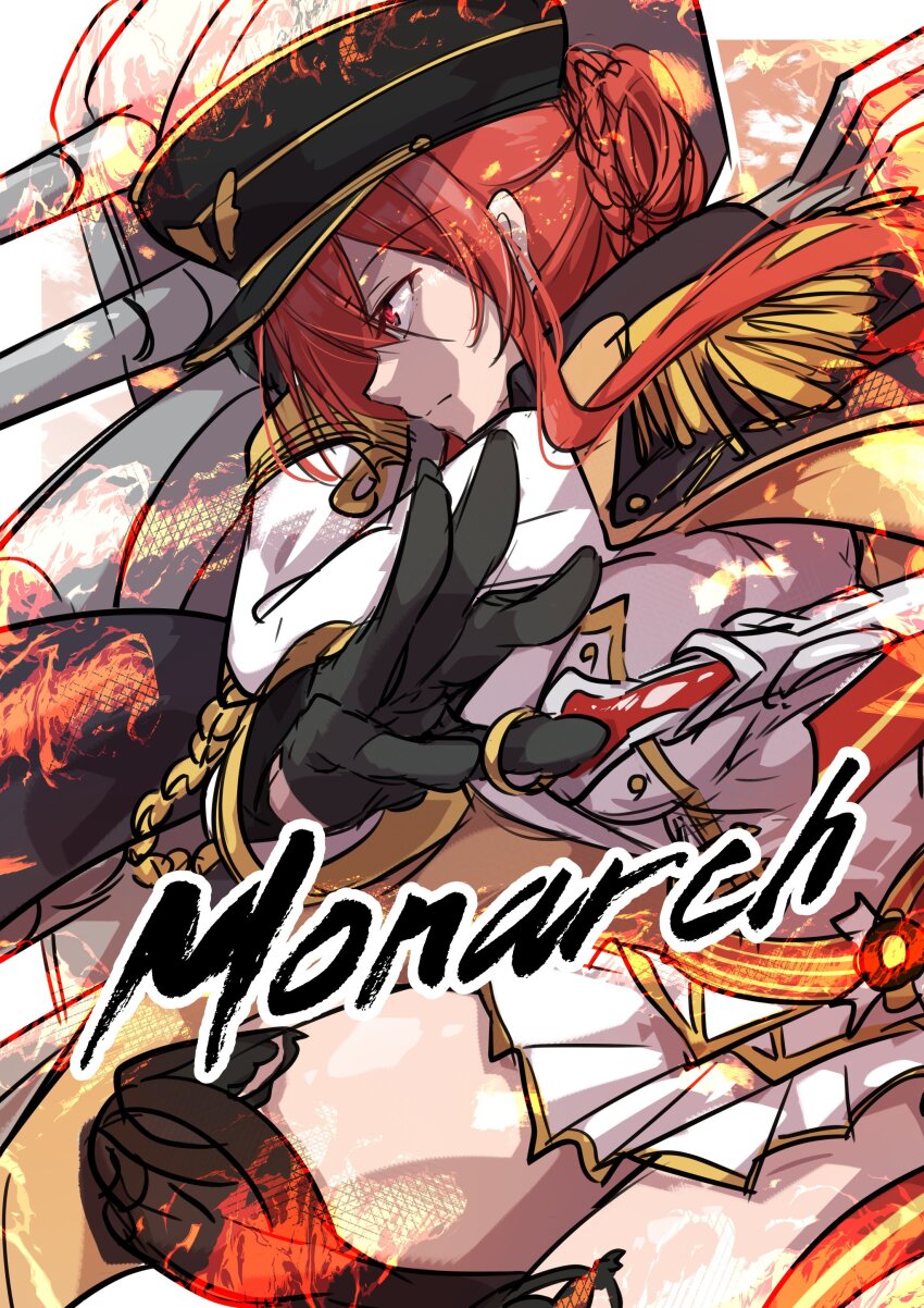 1girl absurdres aiguillette azur_lane black_gloves black_hat boots character_name epaulettes from_side gloves hat highres military_uniform monarch_(azur_lane) oriue_wato peaked_cap red_eyes red_hair rigging ship_turret sketch skirt solo thighhighs white_skirt zettai_ryouiki
