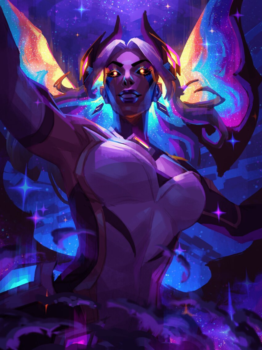 1girl absurdres black_sclera breasts colored_sclera detached_sleeves dress glowing glowing_hair grin half-shrug highres horns jeremy_anninos league_of_legends long_hair looking_ahead magic medium_breasts morgana_(league_of_legends) multicolored_dress official_alternate_costume orange_hair single_detached_sleeve sky smile solo sparkle star_(sky) star_nemesis_morgana starry_sky strapless white_background