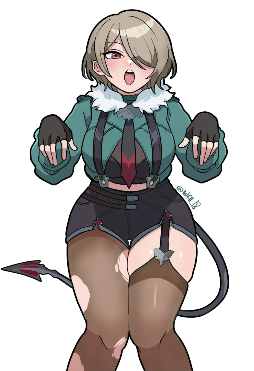 1girl :d artist_name black_gloves black_neckerchief black_shorts breasts brown_hair brown_pantyhose cosplay fingerless_gloves gloves green_jacket hair_over_one_eye highres honkai_(series) honkai_impact_3rd jacket jane_doe_(zenless_zone_zero) jane_doe_(zenless_zone_zero)_(cosplay) large_breasts long_sleeves looking_at_viewer midriff mihoyo neckerchief open_mouth pantyhose purple_eyes rita_rossweisse short_hair shorts simple_background smile solo torn_clothes torn_pantyhose wgh18 white_background zenless_zone_zero