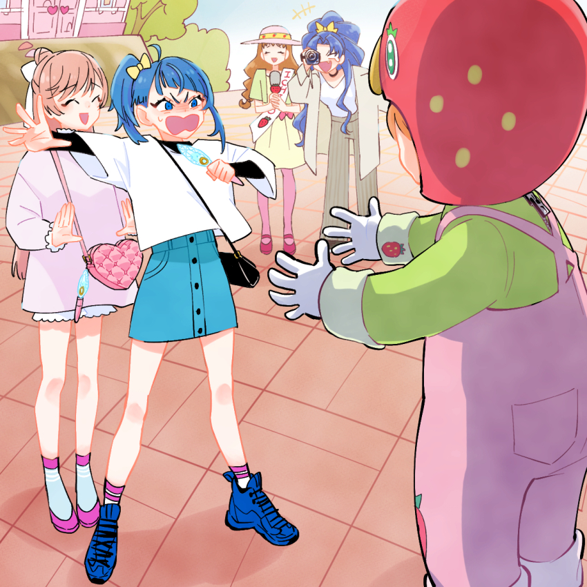 5girls arisugawa_himari bag black_shirt blank_eyes blue_eyes blue_hair blue_shoes blue_skirt bow brown_hair camera casual closed_eyes collared_shirt commentary crown cut_bangs dress fang frown green_dress grey_pants grey_shirt hair_bow hair_bun hair_ribbon handbag hat hirogaru_sky!_precure holding holding_camera holding_microphone holding_pen in-franchise_crossover kirakira_precure_a_la_mode laughing layered_sleeves long_hair long_sleeves looking_at_another medium_dress medium_hair microphone mini_crown mirage_pen multiple_girls official_alternate_costume open_clothes open_mouth open_shirt outdoors pants pantyhose pen pink_hair pink_hat pink_pantyhose pink_shirt pink_shoes ponytail precure protecting ribbon sash shirt shoes short_over_long_sleeves short_sleeves shorts side_ponytail single_hair_bun single_sidelock skirt smile socks sora_harewataru standing sweatdrop t-shirt tategami_aoi tearing_up ton_(ton39342104) usami_ichika v-shaped_eyes video_camera white_ribbon white_shirt white_shorts white_socks yellow_bow