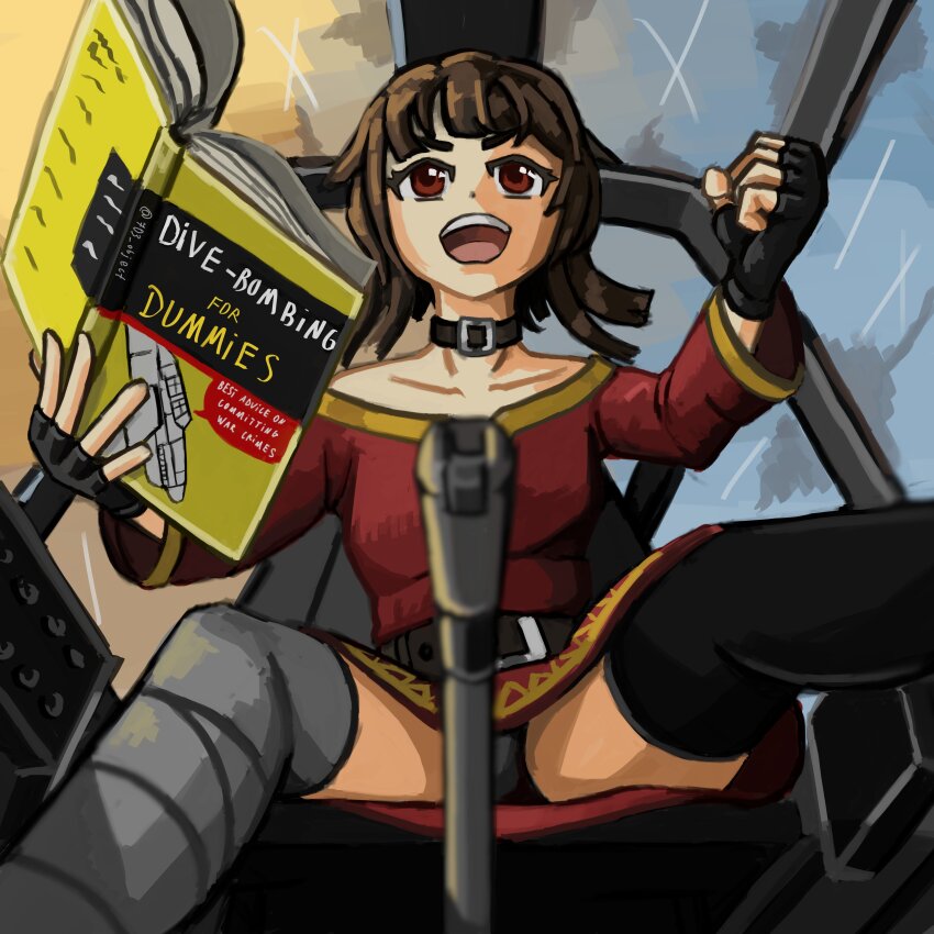 1girl 703_object absurdres bandaged_leg bandages belt black_belt black_collar black_gloves black_panties black_thighhighs book brown_hair clenched_hand cockpit collar collarbone commentary english_commentary english_text fingerless_gloves for_dummies gloves highres holding holding_book kono_subarashii_sekai_ni_shukufuku_wo! medium_hair megumin open_mouth panties red_shirt shirt single_thighhigh sky smile solo thighhighs underwear