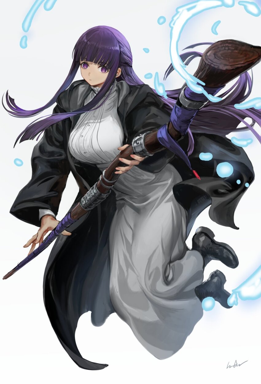 1girl black_boots black_coat blunt_bangs boots breasts coat dress fern_(sousou_no_frieren) highres holding holding_staff infukun large_breasts long_hair long_sleeves looking_at_viewer mage_staff open_clothes open_coat purple_eyes purple_hair sidelocks solo sousou_no_frieren staff white_dress wide_sleeves
