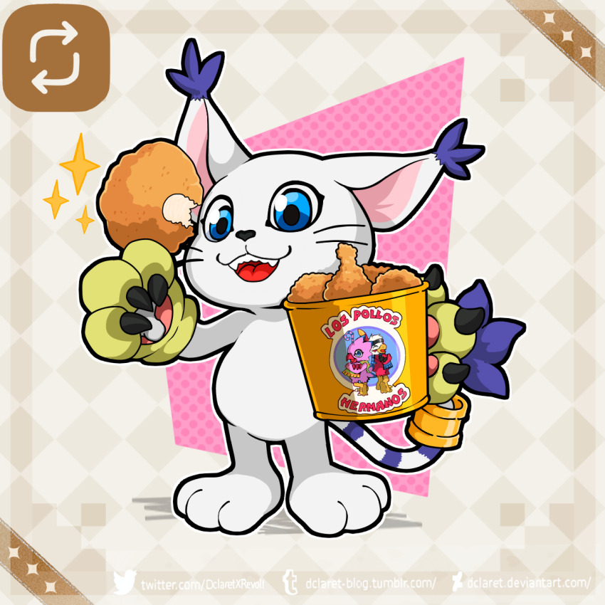 blue_eyes breaking_bad bucket cat dclaret deviantart_username digimon digimon_(creature) fangs food happy hawkmon highres holy_ring looking_at_viewer piyomon solo tailmon tumblr_username twitter_username