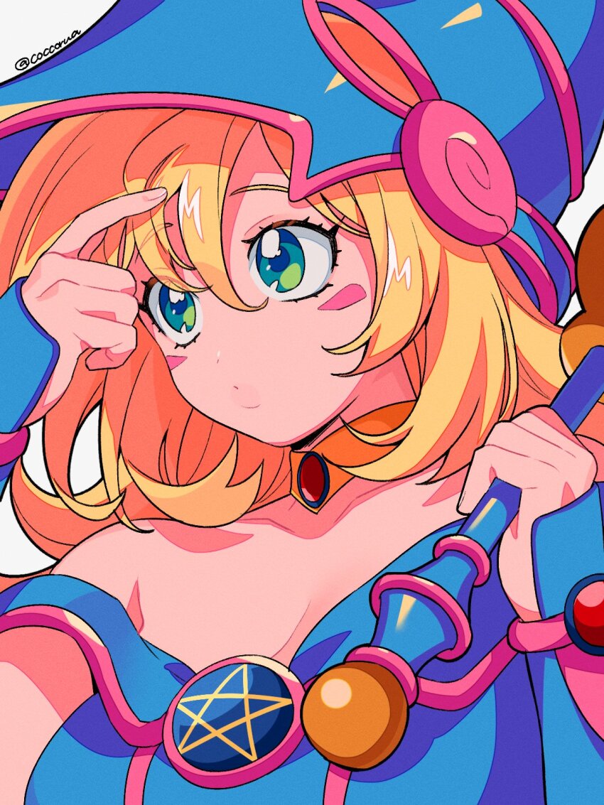 1girl bare_shoulders blonde_hair blue_hat blush_stickers breasts cleavage closed_mouth dark_magician_girl duel_monster green_eyes hair_between_eyes hands_up hat highres holding holding_staff large_breasts long_hair mommorua pentacle solo staff wizard_hat yu-gi-oh!
