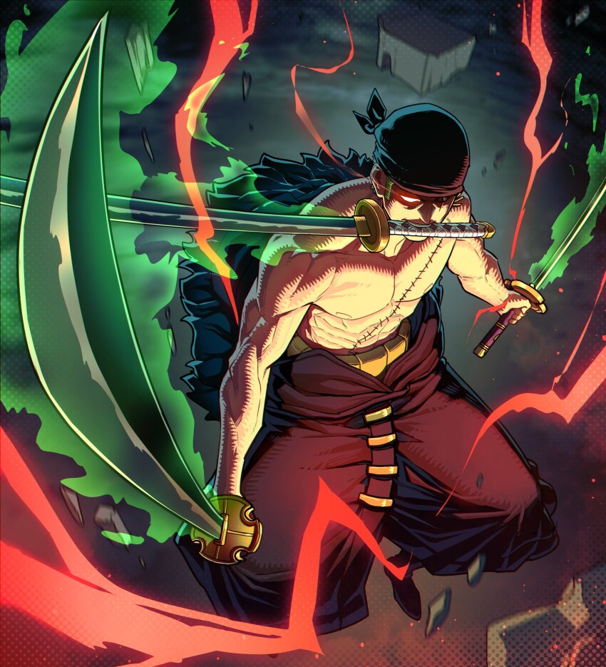 1boy abs absurdres baggy_pants bandana biceps black_bandana black_footwear blank_eyes coat collarbone deltoids earrings eye_trail facing_viewer floating foreshortening from_above from_side full_body fur_collar glowing glowing_eye green_hair haki_(one_piece) halftone halftone_background haramaki highres holding jewelry light_trail male_focus mouth_hold multiple_earrings muscular muscular_male night nipples obliques one_eye_closed one_piece pants pectorals red_lightning roronoa_zoro rubble scar scar_across_eye scar_on_chest scar_on_face short_hair sideburns solo sword teeth thirdphp topless_male trapezius triple_wielding unworn_coat upper_teeth_only weapon