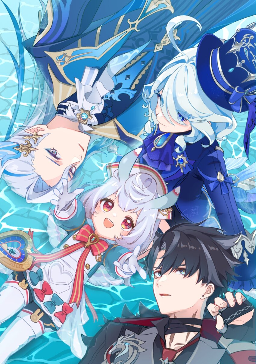 2boys 2girls ahoge animal_ears apron ascot bandaged_neck bandages black_gloves black_hair blue_ascot blue_eyes blue_hair blue_hat coat commentary_request dress eyelashes fingerless_gloves furina_(genshin_impact) genshin_impact gloves grey_hair hair_between_eyes hat highres long_hair lying multiple_boys multiple_girls neuvillette_(genshin_impact) on_back open_mouth parted_lips pinocle pointy_ears red_eyes scar scar_on_neck sigewinne_(genshin_impact) sitting top_hat water white_gloves wriothesley_(genshin_impact)