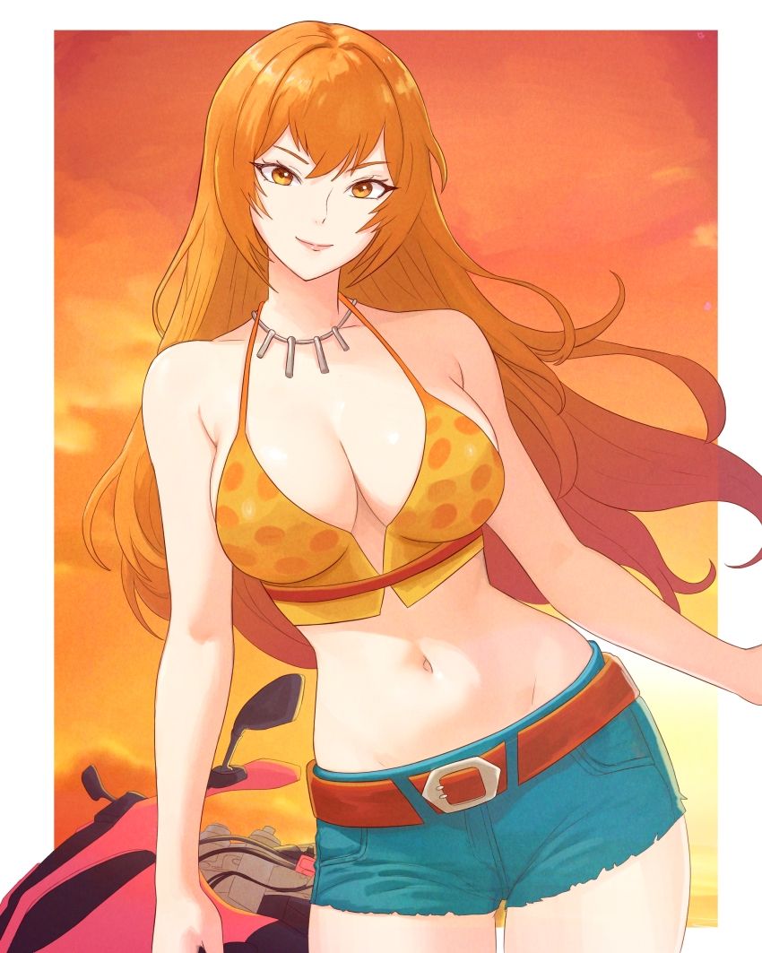 1girl absurdres bare_arms bare_shoulders belt belt_buckle border breasts brown_belt buckle cleavage closed_mouth cloud cloudy_sky commission cowboy_shot crop_top cutoffs denim denim_shorts hair_between_eyes highres jewelry joy_(shenmue) large_breasts light_smile long_hair looking_at_viewer midriff motor_vehicle motorcycle navel necklace orange_background orange_eyes orange_hair outdoors second-party_source shenmue shenmue_ii shenmue_the_animation shorts sidelocks sky solo sunset thighs truejekart white_border
