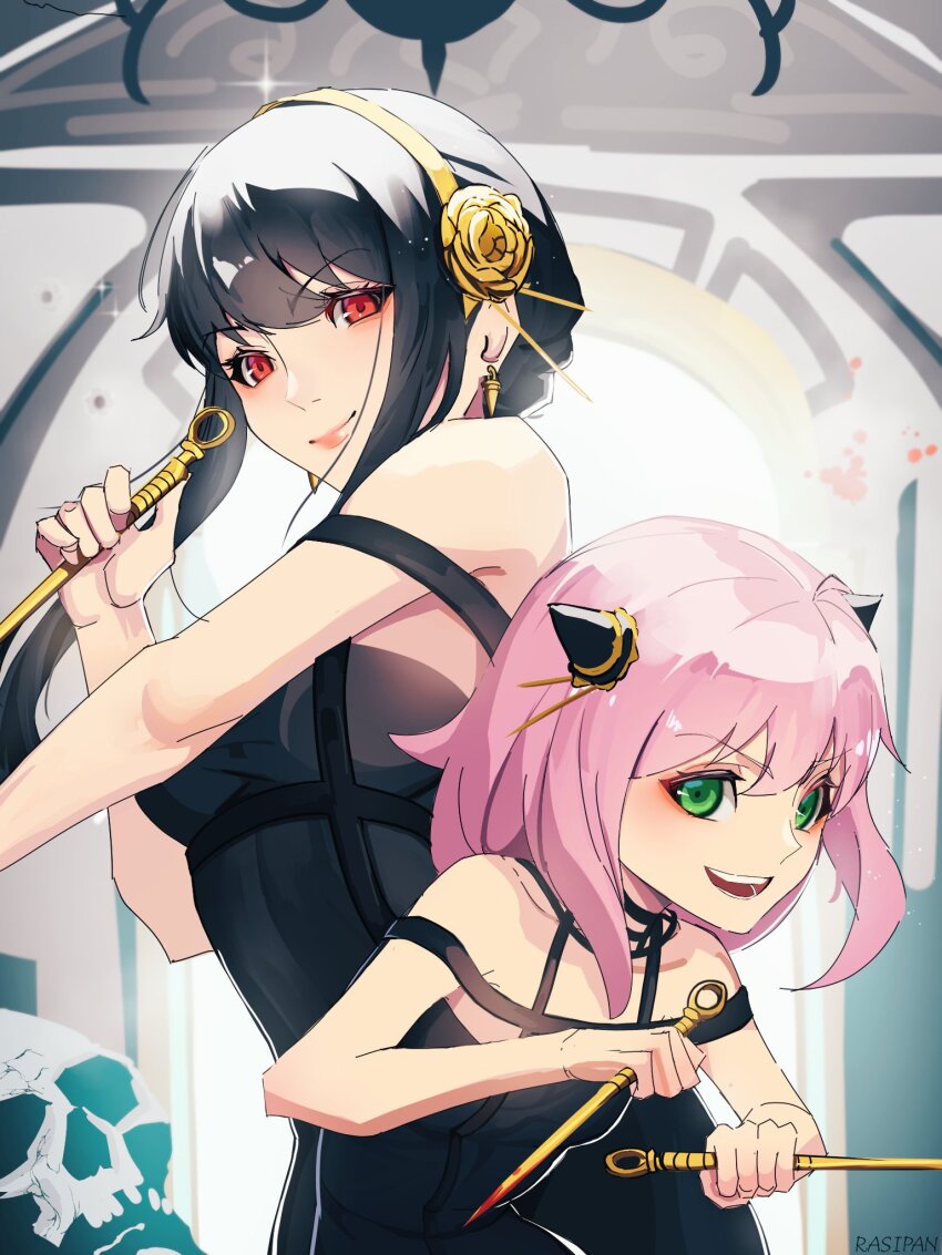 2girls ahoge anya_(spy_x_family) artist_name bare_shoulders black_dress black_hair blood breasts closed_mouth commentary dagger dress dual_wielding earrings english_commentary eyeshadow gold_earrings gold_hairband green_eyes hair_between_eyes hairband highres holding holding_dagger holding_knife holding_weapon indoors jewelry knife large_breasts long_hair looking_down looking_to_the_side makeup medium_hair multiple_girls open_mouth pink_hair rasipan red_eyes red_eyeshadow sidelocks skull smile sparkle spy_x_family teeth weapon yor_briar