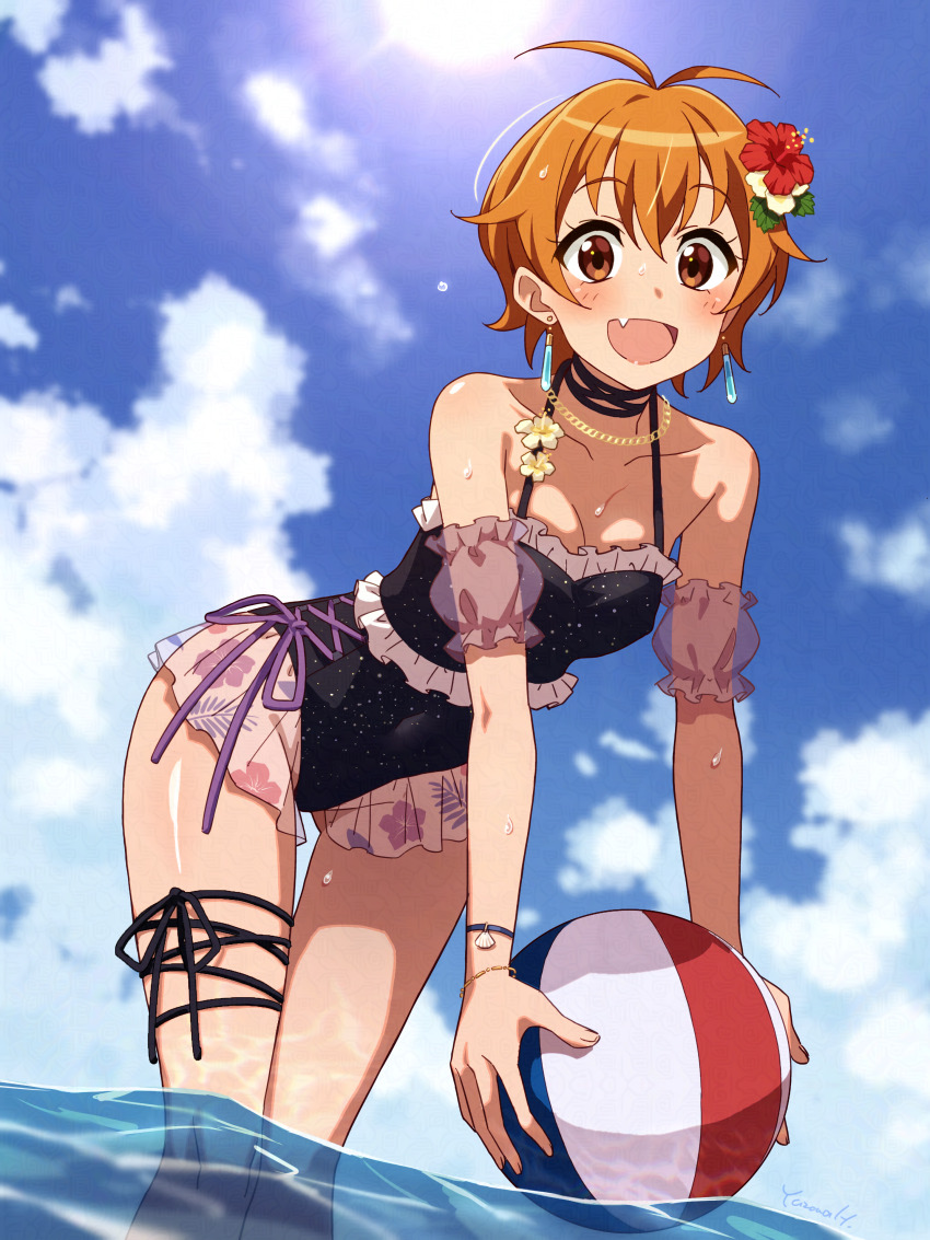 1girl absurdres antenna_hair bang_dream! black_choker black_one-piece_swimsuit blue_sky brown_eyes casual_one-piece_swimsuit choker cloud day fang feet_out_of_frame frilled_one-piece_swimsuit frills highres kitazawa_hagumi leaning_forward looking_at_viewer one-piece_swimsuit orange_hair outdoors short_hair skin_fang sky solo swimsuit thigh_strap wading water yazawa_happyaro