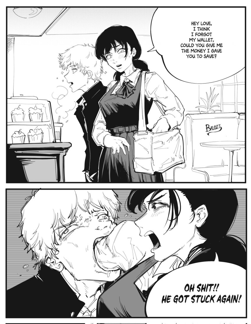 1boy 1girl artist_name black_hair breasts chainsaw_man couple denji_(chainsaw_man) facing_to_the_side fourth_east_high_school_uniform greyscale hair_between_eyes hetero highres long_hair mitaka_asa monochrome open_mouth school_uniform shirt short_hair signature teeth twitter_username victorbalgitt