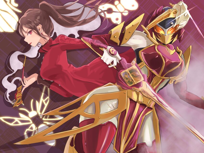 2girls armor bodysuit book bookshelf bow braid breastplate breasts brown_hair bug cycloneactionx dress rider_belt dual_persona earrings elbow_gloves gloves glowing glowing_eyes gold_armor helmet highres holding holding_weapon horns jewelry kamen_rider kamen_rider_sabela kamen_rider_saber_(series) knight library long_coat long_hair looking_at_viewer medium_breasts multiple_girls pantyhose ponytail rapier red_eyes rider_belt sheath shindai_reika short_hair single_horn smile smoke solo steampunk sword thighhighs thighs tokusatsu twitter_username upper_body weapon white_bodysuit white_gloves wrist_cuffs