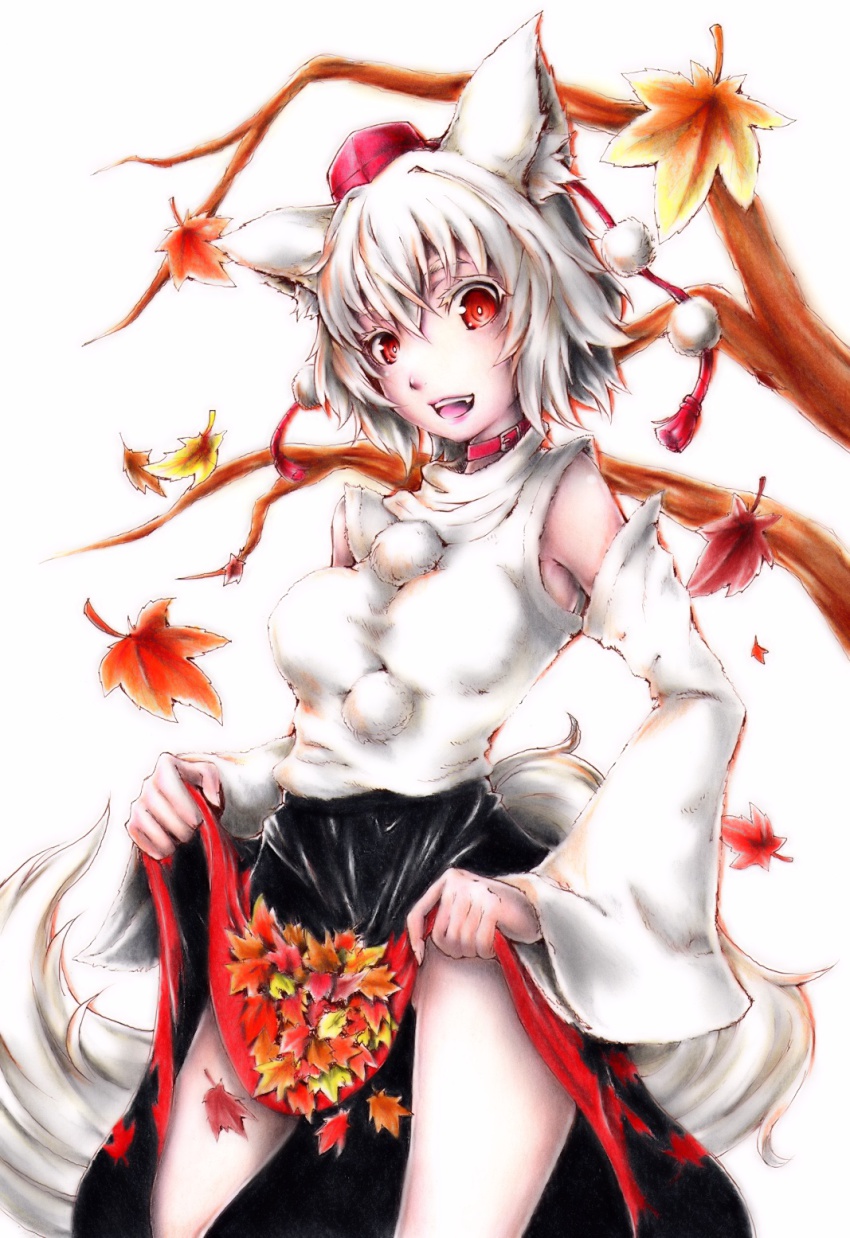 1girl animal_ears autumn_leaves bare_shoulders breasts clothes_lift detached_sleeves female_focus garyuu_ryuuga happy hat highres inubashiri_momiji leaf looking_at_viewer open_mouth pom_pom_(clothes) red_eyes short_hair silver_hair simple_background skirt skirt_basket skirt_lift solo tail tokin_hat touhou tree white_background wolf_ears wolf_tail