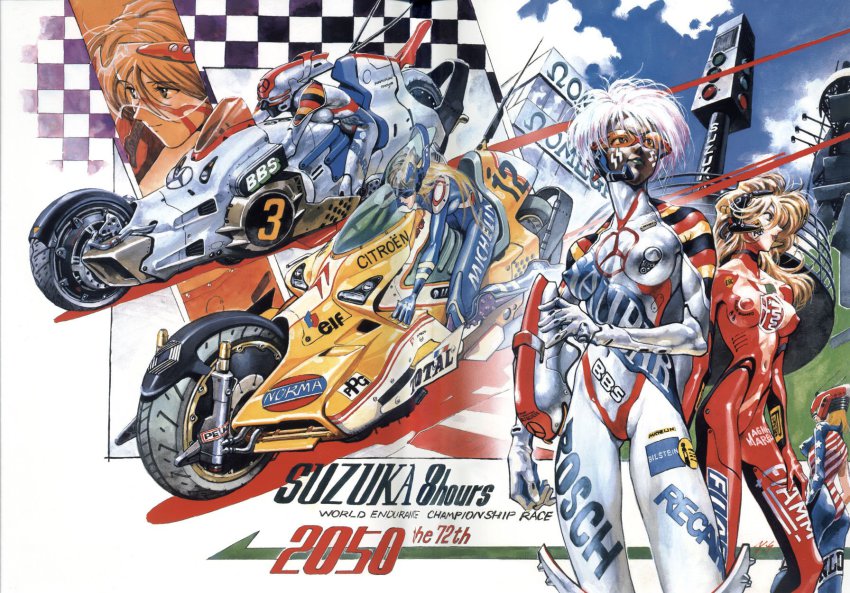 2050 6+girls american_flag_bodysuit android bbs_(company) biker_clothes bikesuit bilstein black_hair blonde_hair blue_sky bodysuit bosch_(company) breasts center_opening character_request christmas_tree_(racing) citroen cleavage collarbone cyborg der_mond detached_collar dragster elf elf_(company) english_text epg_(company) epson facepaint fiamm_(company) fiat france full_body german_flag germany goggles headset helmet highres honda imageboard_desourced italian_flag italy large_breasts long_hair looking_at_viewer magneti_marelli mecha mechanic medium_breasts mercedes-benz michelin motor_vehicle motorcycle motorcycle_helmet multiple_girls non-web_source norma_(company) omega_(company) outdoors panasonic parody peugeot pointy_ears racing racing_suit recaro_(company) red_bodysuit renault robot sadamoto_yoshiyuki sauber_(company) science_fiction short_hair skin_tight skinny sky slender smile source_request standing suzuka_hachitai_2050 tattoo total_(company) traffic_light transparent united_states wheel white_background white_bodysuit white_hair