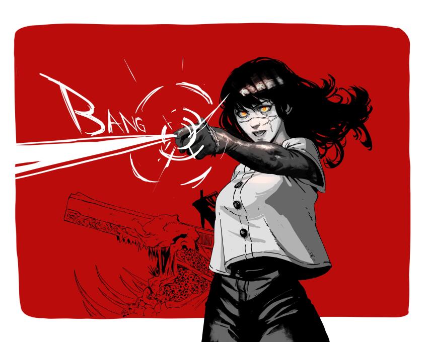 absurdres black_hair chainsaw_man english_text finger_gun gun_devil_(chainsaw_man) highres monochrome red_background scar yellow_eyes yoru_(chainsaw_man)