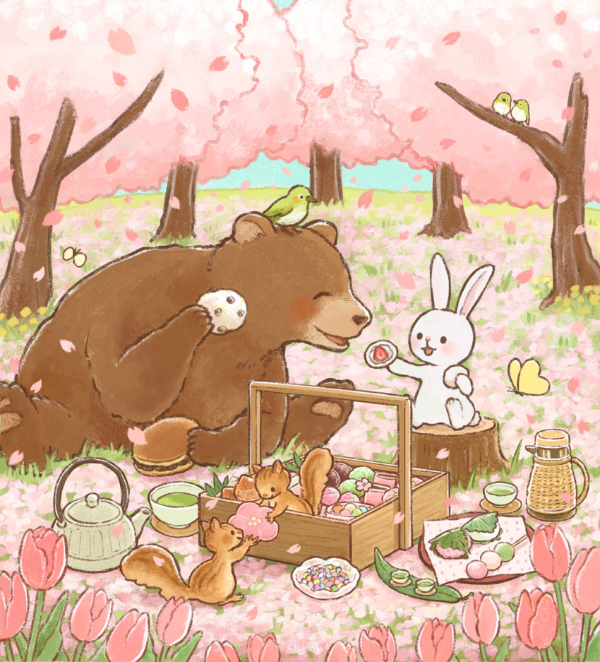animal animal_focus bear bird blue_sky brown_bear brown_fur bug butterfly carrying cherry_blossoms closed_eyes cup daifuku dango day falling_petals field flower flower_field flying food food_request giving grass green_tea hanami holding holding_food ichigo_daifuku insect leaf looking_at_another mame_daifuku_(food) mitarashi_dango mochi nature no_humans original petals picnic picnic_basket pink_flower pink_theme pink_tulip plant plate rabbit sakura_mochi sanshoku_dango saucer sitting on_tree_stump skewer sky smile spring_(season) squirrel standing_on_branch sweets tea tea_party teapot tokoyu tree tree_stump tulip wagashi white_fur