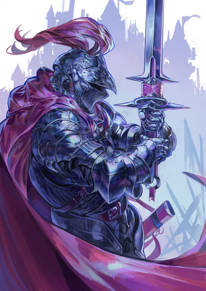1other ambiguous_gender armor belt cape castle commentary from_side full_armor gauntlets helm helmet highres holding holding_sword holding_weapon knight nameno92372763 original pauldrons plume red_belt red_cape red_plume sheath shoulder_armor solo sword weapon zweihander