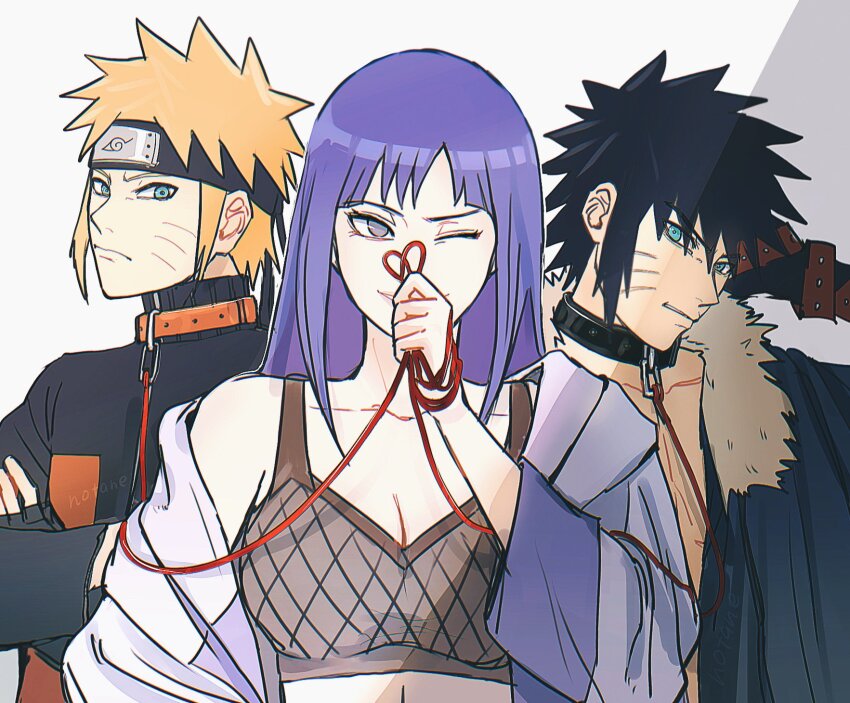 1girl 2boys black_collar black_hair black_jacket blonde_hair breasts character_request cleavage collar collarbone crop_top facial_mark fishnet_top fishnets grey_eyes highres holding holding_leash hyuuga_hinata jacket konohagakure_symbol large_breasts leash long_hair long_sleeves multiple_boys naruto:_road_to_ninja naruto_(series) naruto_shippuuden notane_n off_shoulder one_eye_closed orange_jacket smile spiked_hair uzumaki_menma whisker_markings