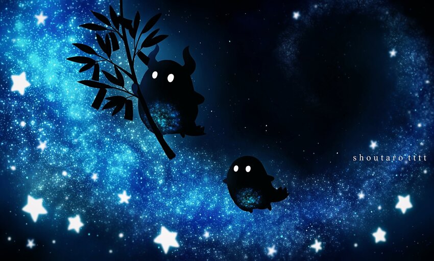 bamboo highres holding horns hoshikui night night_sky no_humans original shoutarou_(shoutarotttt) sky space star_(sky) star_(symbol) starry_sky tanabata tanzaku