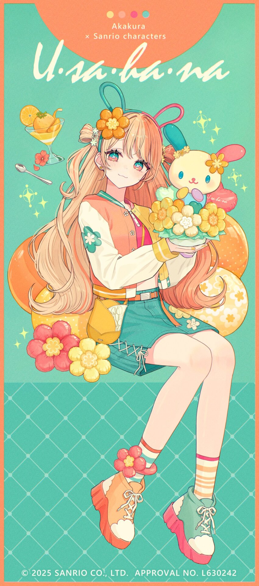 1girl 2025 absurdres akakura animal_ears aqua_skirt artist_name asymmetrical_footwear asymmetrical_legwear bright_pupils brown_hair character_name closed_mouth copyright_name copyright_notice fake_animal_ears food full_body highres jacket long_hair long_sleeves looking_at_viewer mismatched_footwear mismatched_legwear multicolored_eyes multicolored_hair open_clothes open_jacket orange_hair rabbit_ears sanrio shoes skirt smile socks solo streaked_hair striped_clothes striped_socks two-tone_eyes usahana white_pupils