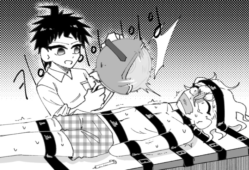 2boys ahoge amputee breast_pocket circular_saw collared_shirt danganronpa_(series) danganronpa_2:_goodbye_despair gag greyscale hinata_hajime improvised_gag komaeda_nagito looking_at_another lying male_focus male_underwear messy_hair monochrome multiple_boys plaid_clothes plaid_male_underwear pocket restrained saw scared seumol_sx shirt short_hair sleeves_rolled_up sweat syringe tape tape_gag topless_male trembling