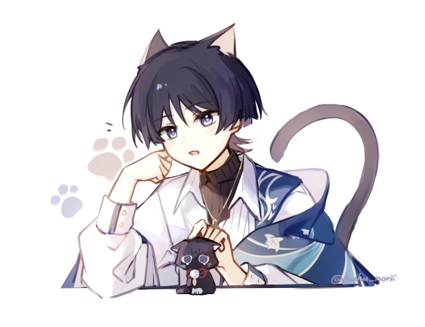 1boy alternate_costume animal_ears animal_print animalization bird_print black_cat black_hair black_sweater blue_shawl blunt_ends bright_pupils casual cat cat_boy cat_ears cat_tail collared_shirt contemporary cropped_torso elbow_rest feathers genshin_impact grey_eyes hand_up highres huhu_norii long_sleeves looking_at_viewer male_focus notice_lines official_alternate_costume open_mouth paw_print person_and_animalization petting pom_pom_(clothes) ribbed_sweater scaramouche_(cat)_(genshin_impact) scaramouche_(genshin_impact) shawl shirt solo sweater tail wanderer_(genshin_impact) wanderer_(wanderer_impression)_(genshin_impact) white_background white_pupils white_shirt white_sleeves white_trim wing_collar yellow_feathers