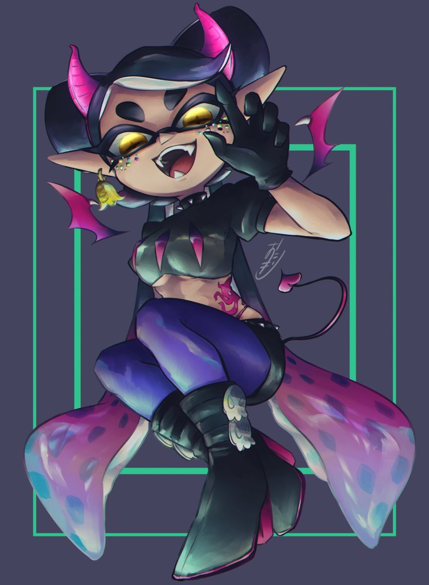 +_+ 1girl artist_name black_boots black_choker black_gloves black_hair black_shirt black_shorts blue_pantyhose boots border callie_(octo_idol_outfit)_(splatoon) callie_(splatoon) choker claw_pose commentary crop_top demon_horns demon_tail demon_wings earrings eye_glitter floating food food_art food_on_head gloves gradient_hair green_border halloween halloween_costume highres horns inkling jewelry knees_up long_hair looking_at_viewer midriff mole mole_under_eye multicolored_hair nintendo object_on_head okome_2g2g open_mouth pantyhose pantyhose_under_shorts pointy_ears purple_hair shirt short_shorts short_sleeves shorts signature smile solo spiked_choker spikes splatoon_(series) splatoon_2 stomach_tattoo swept_bangs tail tako-san_wiener tattoo tentacle_hair very_long_hair wings yellow_eyes