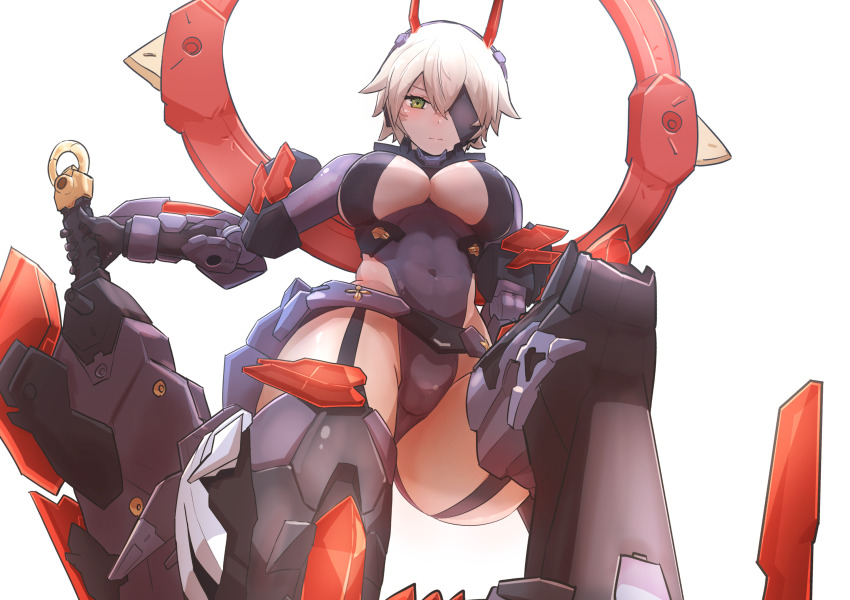 1girl auv_susanowo blush breasts cleavage cleavage_cutout closed_mouth clothing_cutout covered_navel eyepatch from_below garter_straps green_eyes headgear highleg highleg_leotard highres holding holding_sword holding_weapon large_breasts leotard looking_at_viewer looking_down mecha_musume megami_device natsukaze_shigure short_hair simple_background solo sword thighhighs weapon white_background white_hair