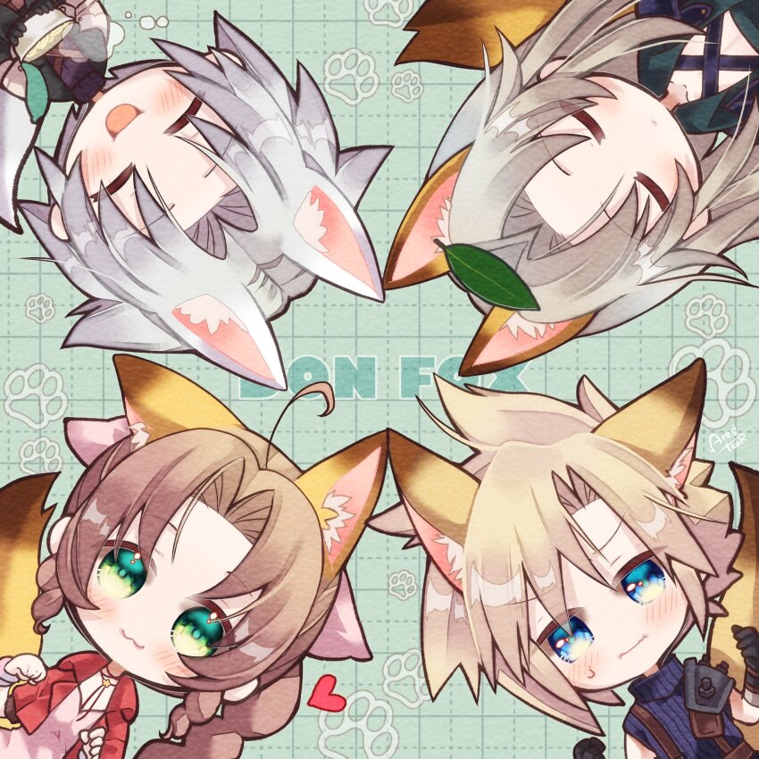 1girl 3boys :3 age_comparison ahoge animal_ears arestear0701 armor bangle black_gloves black_jacket blonde_hair blue_eyes blue_shirt blush bracelet braid braided_ponytail brown_hair chest_strap chibi closed_eyes cropped_jacket dress final_fantasy final_fantasy_vii final_fantasy_vii_ever_crisis final_fantasy_vii_rebirth final_fantasy_vii_remake fox_boy fox_ears fox_girl fox_tail furrowed_brow gloves green_eyes grey_fur grey_hair grid_background hair_between_eyes highres instant_udon jacket jewelry kemonomimi_mode leaf leaf_on_head long_hair multiple_boys nissin_donbei official_alternate_costume open_mouth orange_fur paw_print paw_print_background pink_dress red_jacket sephiroth sephiroth_(ever_crisis) shirt short_hair shoulder_armor sidelocks single_bare_shoulder single_braid single_shoulder_pad sleeveless sleeveless_turtleneck smile spiked_hair steam suspenders sweatdrop tail turtleneck upper_body wavy_mouth