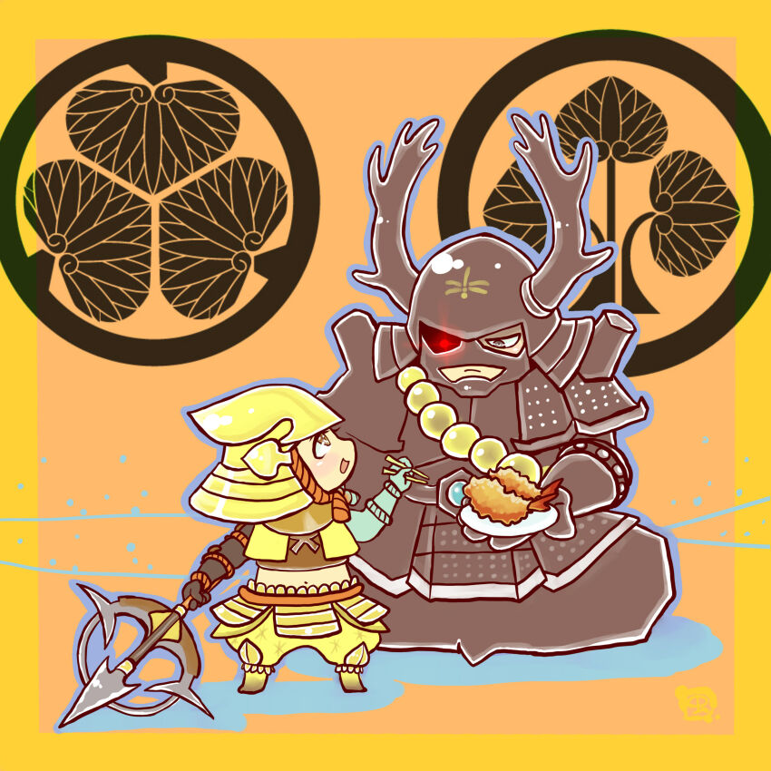 2boys :d absurdres armor border brown_eyes chibi chibi_only chopsticks eye_contact fake_antlers food frown full_armor glowing glowing_eye grey_eyes height_difference helmet highres holding holding_chopsticks holding_plate holding_polearm holding_weapon honda_tadakatsu_(sengoku_basara) japanese_armor kabuto_(helmet) looking_at_another male_focus multiple_boys mushimegane333 open_mouth orange_background plate polearm sengoku_basara shrimp shrimp_tempura smile tempura tokugawa_ieyasu_(sengoku_basara) weapon yellow_border