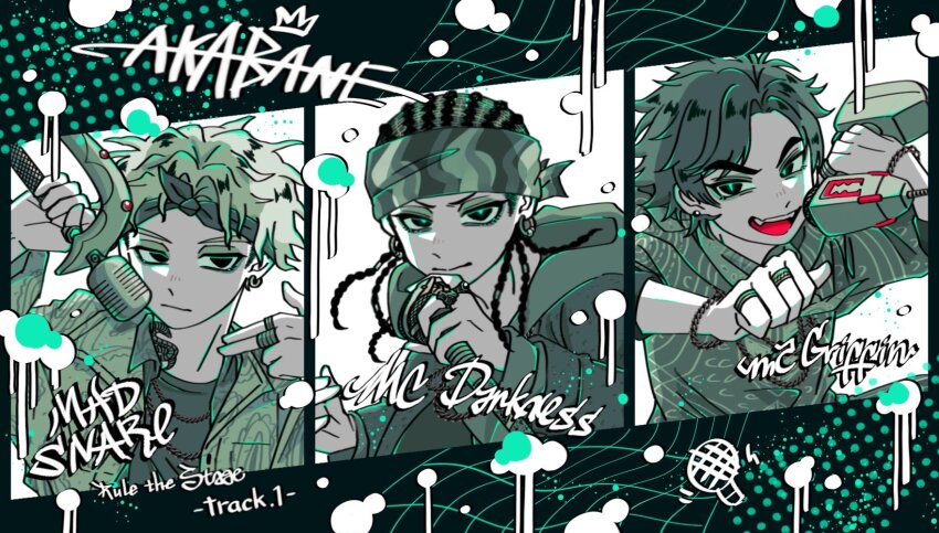 3boys :d aqua_theme bandana bandana_around_neck ben-day_dots chain chain_bracelet chain_necklace character_name collared_shirt column_lineup commentary_request cornrows curtained_hair douan_kazusato earrings empty_eyes expressionless fangs finger_gun floating_hair grid hand_up highres holding holding_microphone holding_power_drill hood hood_down hoodie hoop_earrings hypnosis_mic hypnosis_mic:_rule_the_stage hypnosis_microphone jacket jacket_over_hoodie jewelry jitome kokuri_ryouzan layered_shirt light_frown limited_palette looking_to_the_side male_focus medium_hair messy_hair microphone multiple_boys multiple_necklaces multiple_rings narrowed_eyes neck_tattoo necklace north_bastard open_mouth ori_nokawa paint_splatter parted_bangs patterned_clothing pinky_ring power_drill print_hoodie print_jacket ring saragi_kenei screentones shirt short_hair sideburns sleeves_pushed_up sleeves_rolled_up smile snake_tattoo stud_earrings tattoo thick_eyebrows thumb_ring tsurime upper_body v-shaped_eyebrows wavy_hair