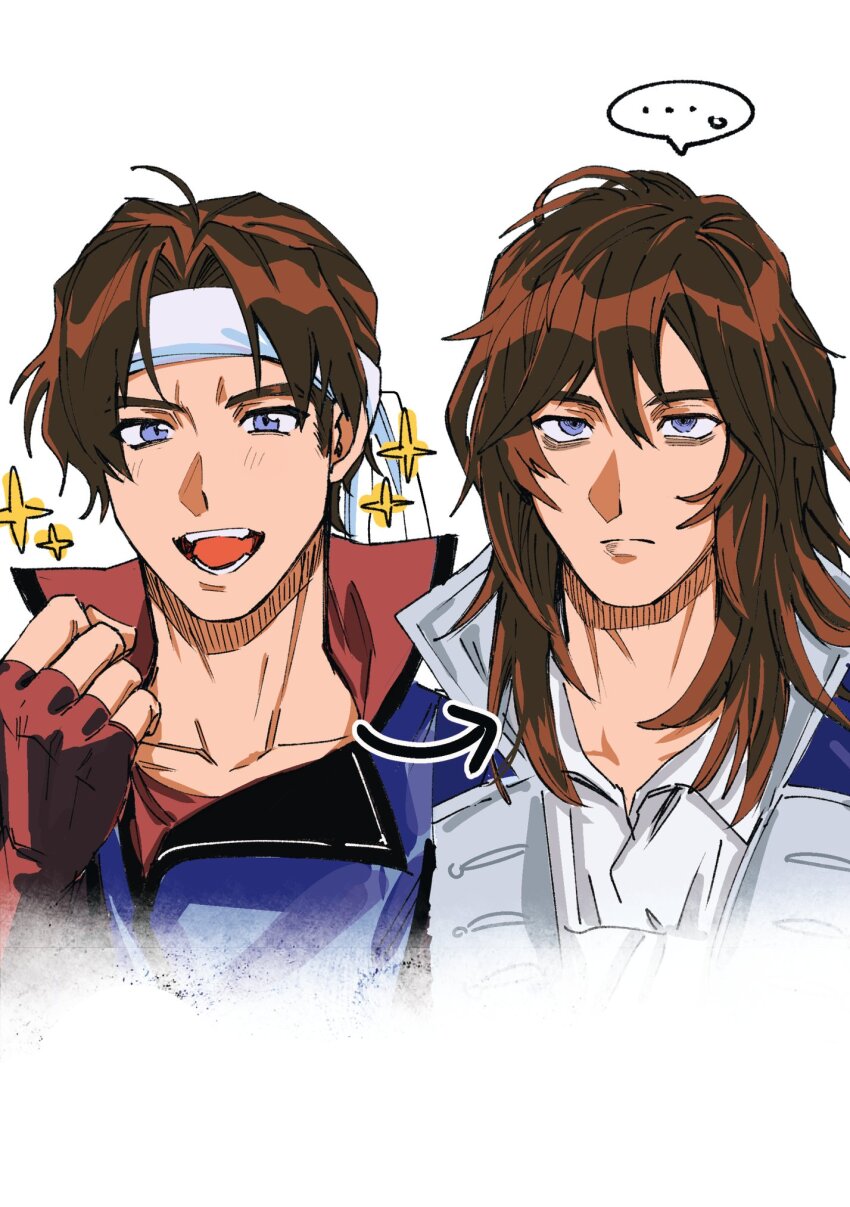 ... 2boys age_comparison bags_under_eyes blue_eyes brown_hair castlevania:_rondo_of_blood castlevania:_symphony_of_the_night castlevania_(series) dual_persona fingerless_gloves frown gloves headband highres keiseki1 long_hair male_focus multiple_boys open_mouth richter_belmont smile sparkle spoken_ellipsis white_headband