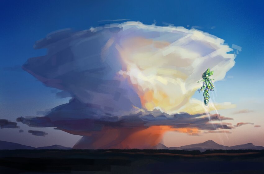 1boy armor green_armor green_helmet helmet highres mega_man_(series) mega_man_zero_(series) midair mr_cairox outdoors sage_harpuia_(mega_man) solo wide_shot