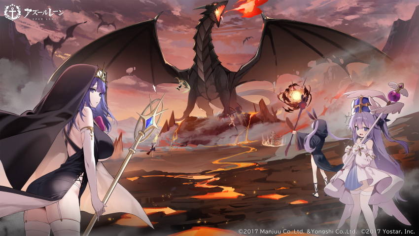 6+girls absurdres artist_request ayanami_(azur_lane) ayanami_(dynamic_kick!)_(azur_lane) azur_lane breath_weapon breathing_fire copyright_name dragon fire habit highres holding holding_staff javelin_(a_legend_is_born?!)_(azur_lane) javelin_(azur_lane) laffey_(azur_lane) laffey_(sleepageddon)_(azur_lane) liverpool_(azur_lane) liverpool_(breeze_of_blessing)_(azur_lane) logo multiple_girls nubian_(azur_lane) nubian_(normal_potion_maker)_(azur_lane) official_alternate_costume official_art priestess promotional_art staff unicorn_(azur_lane) unicorn_(snow_white_guardian_angel)_(azur_lane) z23_(azur_lane) z23_(upgrade_failure?!)_(azur_lane)
