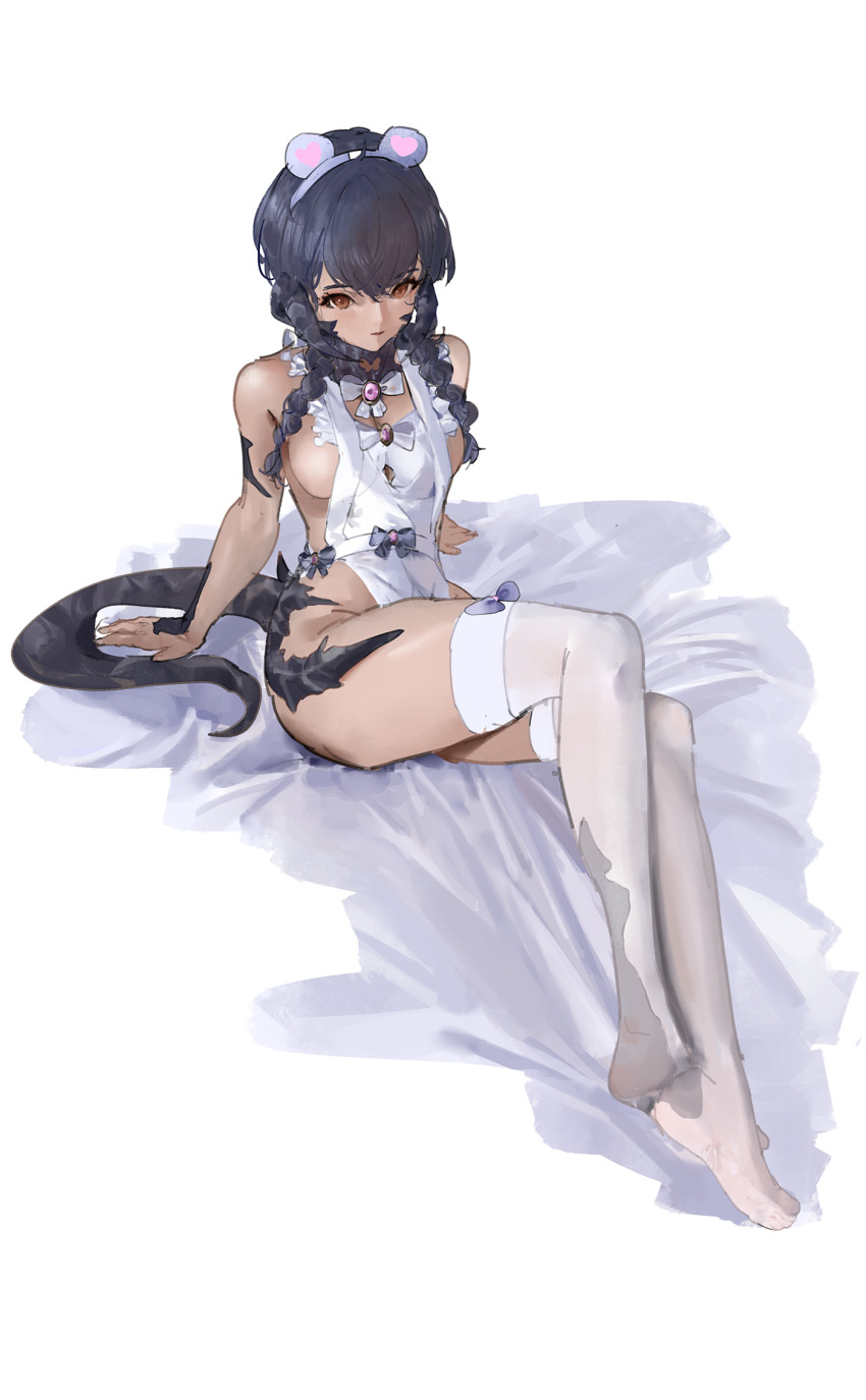 1girl animal_ears apron armpits au_ra braid breasts brooch brown_eyes crossed_ankles dragon_horns dragon_tail eyebrows_hidden_by_hair fake_animal_ears final_fantasy final_fantasy_xiv full_body groin hair_between_eyes highres horns jewelry large_breasts legs long_hair majo_(pastamajo) mouse_ears no_shoes open_mouth purple_hair scales simple_background sitting soles solo tail thighhighs warrior_of_light_(ff14) white_apron white_background white_thighhighs
