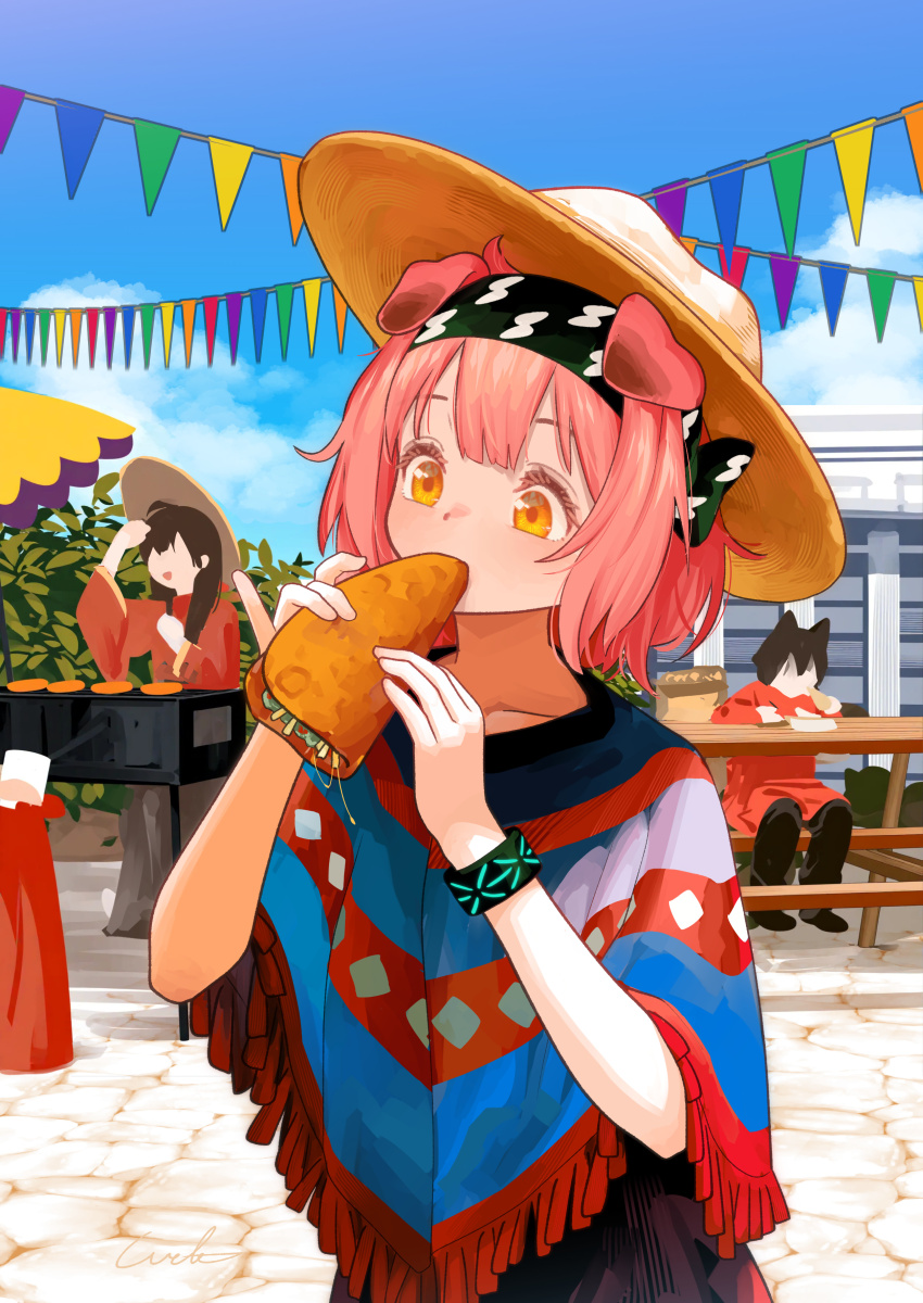 absurdres alternate_costume animal_ears arknights cat_ears day eating food goldenglow_(arknights) hat highres holding infection_monitor_(arknights) multiple_girls outdoors pink_hair solo_focus welt_(kinsei_koutenkyoku) yellow_eyes