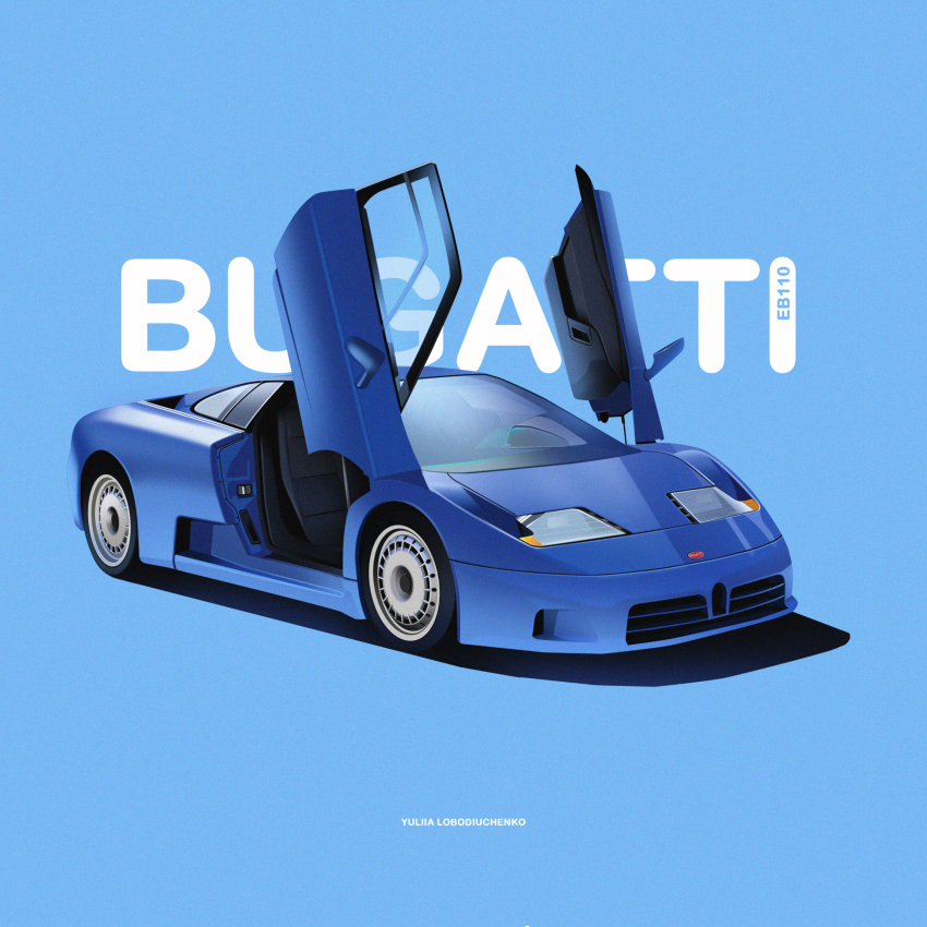 absurdres artist_name blue_background blue_car blue_theme bugatti bugatti_eb_110 butterfly_doors car highres motor_vehicle original shadow sports_car vehicle_focus vehicle_name yuliia_lobodiuchenko
