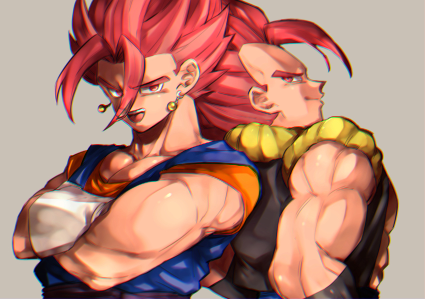 2boys back-to-back black_vest blue_sash blue_shirt commentary_request crossed_arms curtained_hair dougi dragon_ball dragon_ball_super dragon_ball_super_broly earrings gloves gogeta grey_background highres jewelry karasu-usagi long_bangs looking_at_viewer looking_back looking_to_the_side male_focus medium_hair metamoran_vest multiple_boys muscular muscular_male nose open_mouth orange_shirt pectorals potara_earrings purple_sash red_eyes red_hair sash shirt short_sleeves simple_background spiked_hair super_saiyan super_saiyan_god teeth tongue two-tone_vest upper_body upper_teeth_only vegetto vest white_gloves